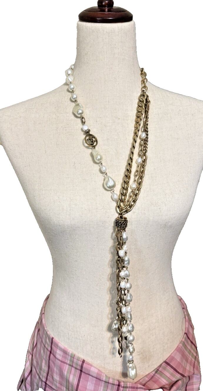 CHICO'S Freshwater Pearl Gold Tone Chain 11" Tassel Lariat Necklace 26"